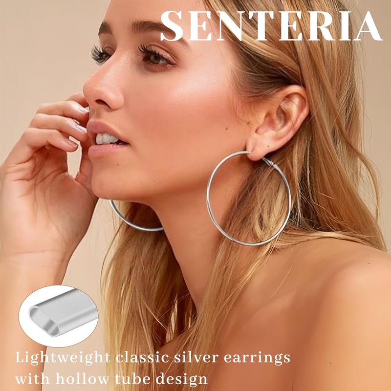 Senteria 2mm Wide 925 Sterling Silver Hoop Earrings for Women Hypoallergenic Lightweight Thin Large Big Gold Plated Hoops Earrings for Women 20/30/50/70MM - Image 2